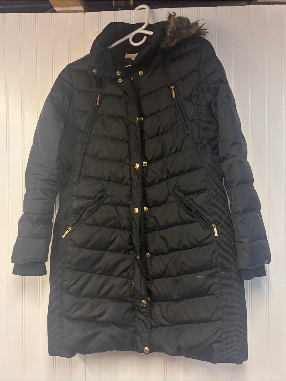 Michael Kors Black Women's Quilted Long Puffer Coat with Faux Fur Trim Large